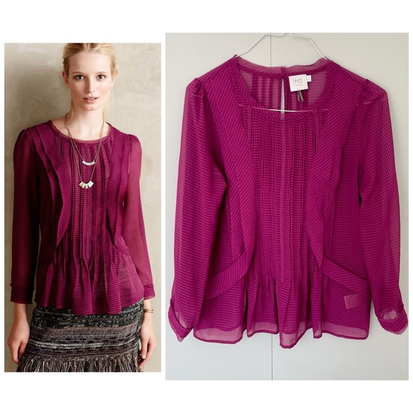 HD IN PARIS x ANTHROPOLOGIE Thistleberry Ruffle Chiffon Blouse in Raspberry - Picture 1 of 8